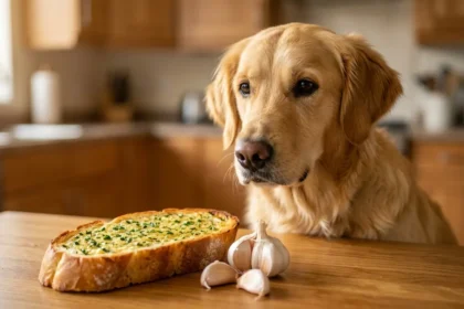 Dog looking at garlic bread on a table