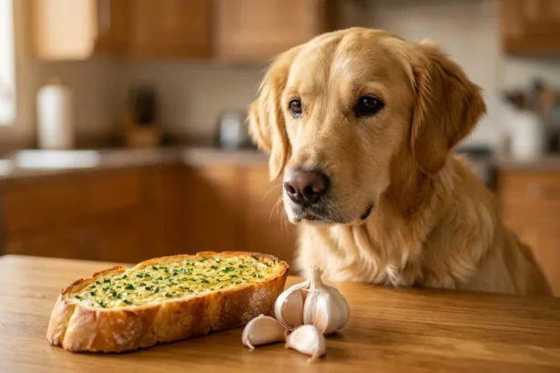 Dog looking at garlic bread on a table