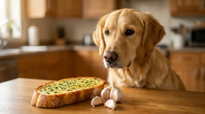 Dog looking at garlic bread on a table