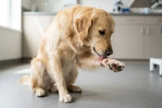Dog licking its paw