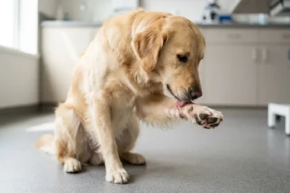 Dog licking its paw